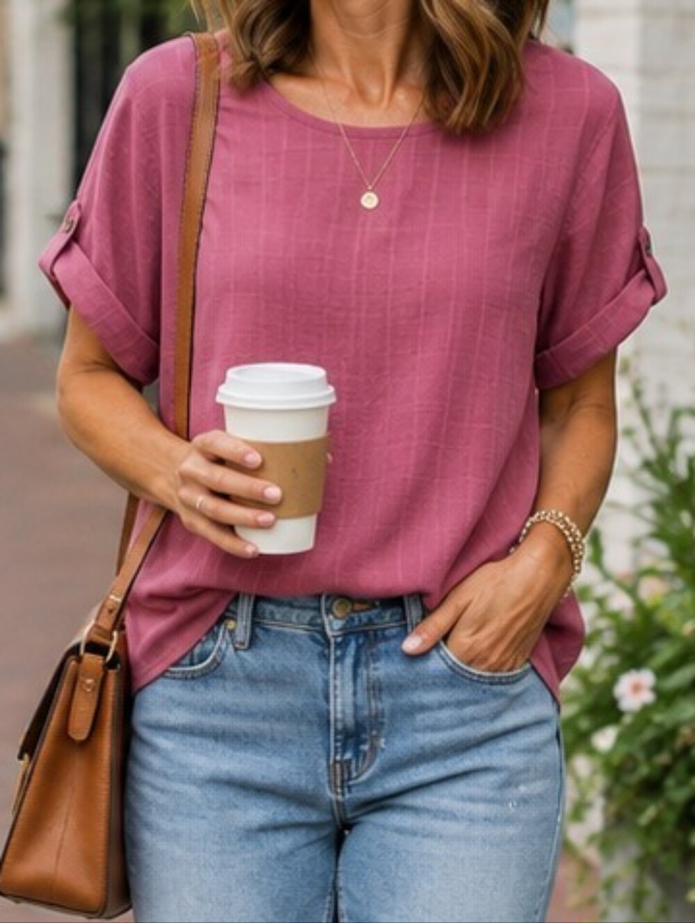Maurices Rose Pink Short Sleeve Roll-Tab Blouse